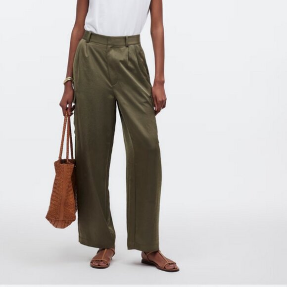 MADEWELL High Rise Straight Cargo Trousers in Satin Size 0 Olive Pleated - Picture 1 of 16